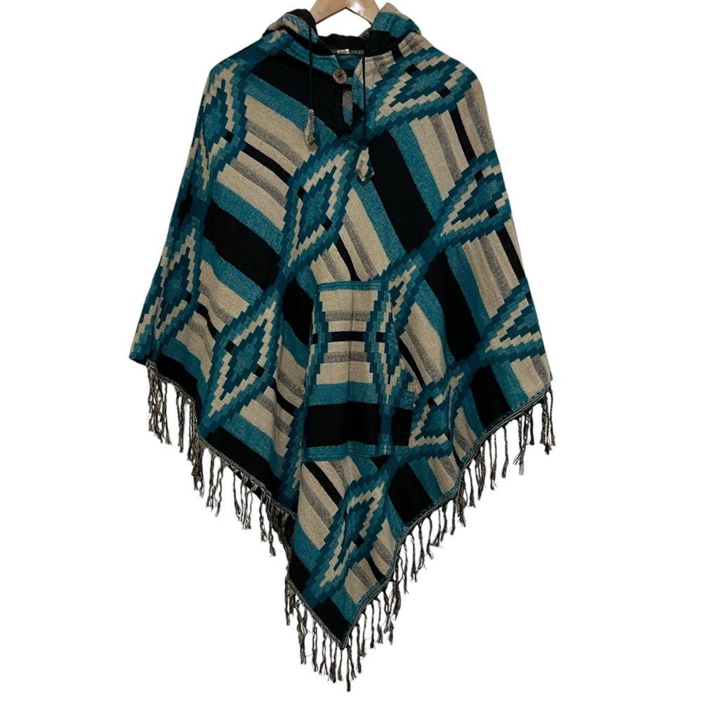 Wool Hooded Poncho from Nepal Aztec Geometric Design Fringe Trim Unisex